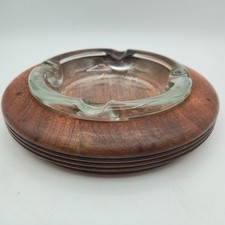 Vintage Walnut Wood Glass Ashtray Round MCM Cigarette Smoking Lounge Decor 8in picture