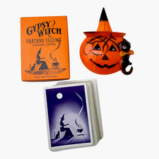 LOT Vtg HALLOWEEN Black Cat Pumpkin Plastic Decoration Gypsy Witch Playing Card picture