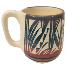 NAVAJO Coffee Mug Signed Southwest American Incised Handcrafted Teal Red 8oz picture