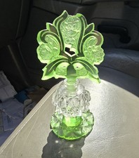 Antique 1920s 30s Czech Perfume Bottle Green Cut Glass Stopper Roses GLOWS picture