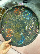 Vintage Mexican Folk Art Batea Bowl 15” Hand Painted Floral Carved Wood Tray picture