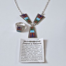 Vintage QT Sterling Silver Multi Stone Inlay Necklace & Ring Set Native... picture