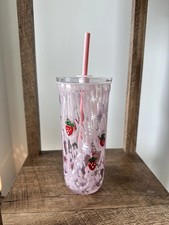 2026 STARBUCKS PINK DRINK STRAWBERRY GLASS TUMBLER 16 OZ WITH STRAW! picture
