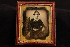 Daguerreotype Photo ⅙ Plate Seated Young Woman Lace Collar Floral Half Case V31 picture