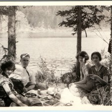 c1920s Nostalgic Lakeside Picnic Snapshot Photo Cute Ladies Man Group Forest Vtg picture