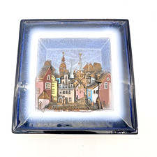 Vintage Latvian SIA “KLOTTE” Ceramic Wall Plaque • 3D Relief Town Scene • 8″ Sqr picture