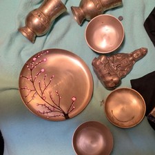 Vintage 9pc Altar Set: Bronze Guanyin Statue, Baarique Kansa Plate, Matching picture
