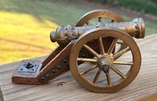 Antique Miniature Brass & Wooden Model Cannon Desktop Paperweight picture