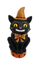 Vintage Style Black Smiley Cat Resin Figurine Halloween Decor 10 Inch picture