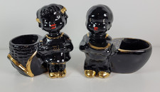 Rare VTG Mid-Century Modern Blackamore Matching Boy & Girl Eating Corn Planters picture