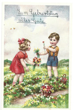 old postcard CHILDREN WITH FLOWERS picture
