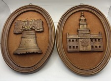 Vtg Set of 2 Sexton Liberty Bell and Independence Hall Wall Hanging Cast Metal picture