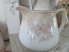 Old Vintage Fat WHITE IRONSTONE PITCHER Heavily Crazed STAINED Pink Flowers picture