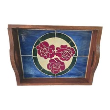Vtg Mid Century Wood Serving Tray Stained Glass Rose Inlay MCM Boho Retro Decor picture