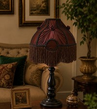 Handmade Victorian Lampshade Burgundy Fabric Fringe Vintage Table Lamp Shade picture