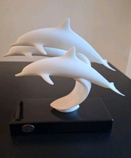 Vintage MCM John Perry 3 White Leaping Dolphin Sculpture Black Stand picture