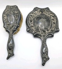 Antique Art Nouveau Silver Plated Vanity Set 1900s Mirror & Brush picture