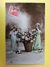 Old postcard fantasy young girls basket of roses fantasy girls basketball of roses picture