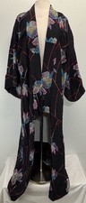 Vtg Japanese Yukata Summer Cotton Kimono Robe Black Floral Unisex Draped Sleeves picture