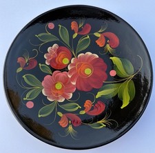 Vintage Russian hand painted floral flowers wood tole plate picture