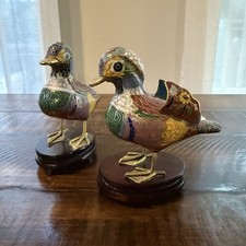Vintage Chinese Cloisonné Duck Pair on Wood Bases 5