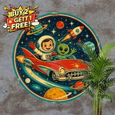 Retro Astronaut Spaceman Tin Sign Round Cosmic Galaxy Sci Fi Metal Plaque 8x8 picture