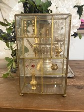 Vintage Glass Brass Footed Curio Display Cabinet Miniature and Brass Figures picture