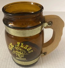 Vintage Six Flags Mid America Mug Wood Handle Brown Glass Beat Guesser Souvenir picture