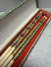 VTG New 2 Pair Chopsticks Cloisonné Bone (?) Gilt Enamel Floral Design 1960’s picture