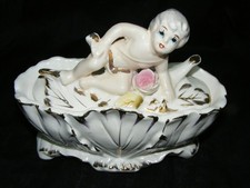Vintage Porcelain Figurine Royal Sealy Japan Covered Candy Dish Cherub Lid picture