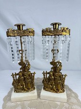 Antique Pair Girandole Candlesticks Crystal Prisms Marble Bases 14.5