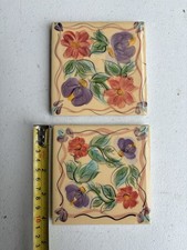 Vtg Gail Pittman for Beau Rivage Trivet Ceramic Art Tiles Hand Painted Set of 2 picture