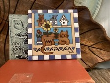 Earthtones Ceramic Tile Trivet Cat Flowers 1990 Signed Tu-oti Kitty Window Heart picture