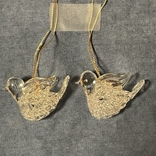 Two Vintage Hand Blown Spun Crystal Mini Christmas Dove Ornaments, Elegant Glass picture