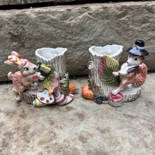 VTG 1995 Fitz & Floyd Paint Party  Candle Holders Pair Bunny Fox Thanksgiving picture