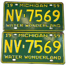 Vintage 1959 Michigan Auto License Plate Set Pair NV-7569 Man Cave Wall Decor picture