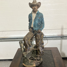 Vintage Hand Painted Resin Western Cowboy Figurine w/ Lasso, Multicolor 14” picture
