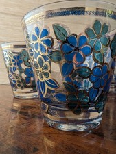 Vintage MCM Culver Ltd. 22-K Gold Blue & Green Floral, Set of 4 Tumblers picture