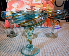 Artisan Hand Blown Mexican Blue Amber Swirl Margarita Glass Pontil Barware Set 4 picture