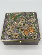 Enameled Bejeweled Butterfly Floral Hinged Trinket Box Interior Mirror Velvet picture