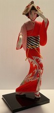 Vintage 18” Japanese Geisha Doll in Kimono – Fabric Costume, Vintage Lacquer Bas picture
