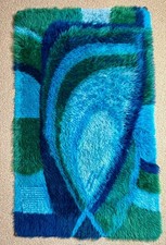 Vintage 1970s Scandinavian Rya Rug 3x5 Blue Green Wool Shag Mid Century Modern picture