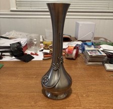1971 King’s Pewter Thailand Floral Design Bud Vase 9.5” Tall picture
