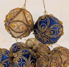 Lot 9 Blue Gold Velvet PUSH PIN Christmas Ornaments Beaded Trim MCM Vintage picture