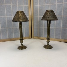 Vintage Pair Spring Loaded Brass Candlestick Holders Palmer Style Matching Shade picture