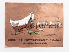 Vintage Genuine Copper Foil Christmas Card M Voris Covered Wagon Pioneer Western picture