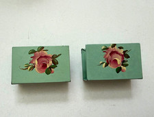 Vintage Hand Painted Toleware Matchbox Covers Pair Green Pink Roses Metal picture