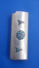 Vintage Silver Tone Lighter Cover Holder with Birds / Flower Turquoise Inlay  picture