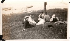 Vintage Black & White Photograph Group Picnic by Lakeside Antique picture