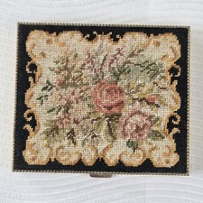 Vintage Austrian Petit Point Compact Original Certificate Floral Brass Case picture